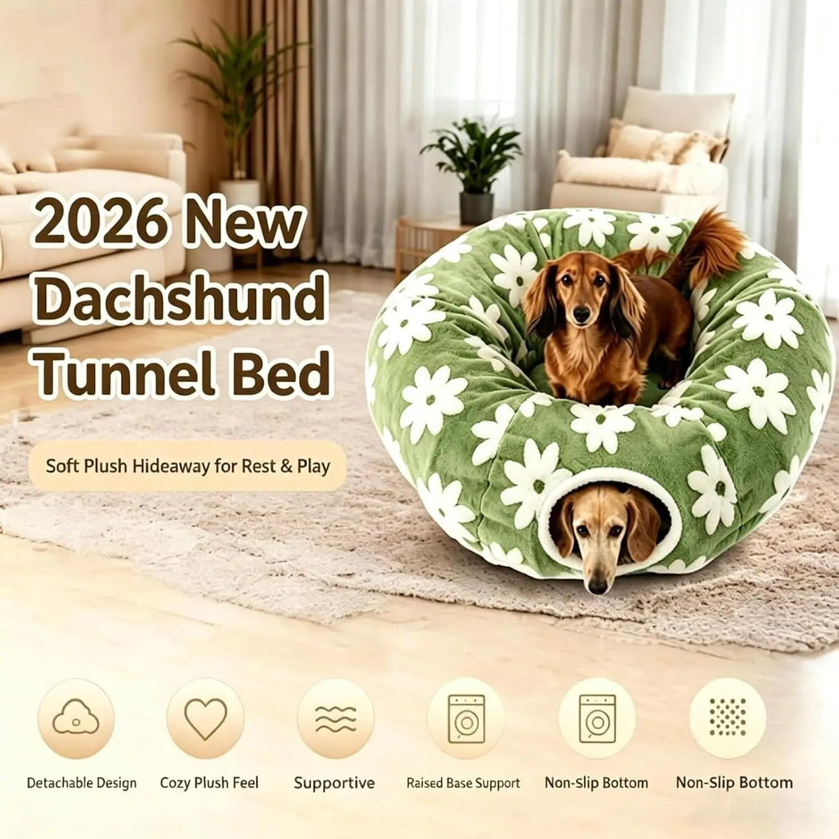 Floral Plush Folding Dachshund Tunnel Dog Bed With Comfortable Cushion