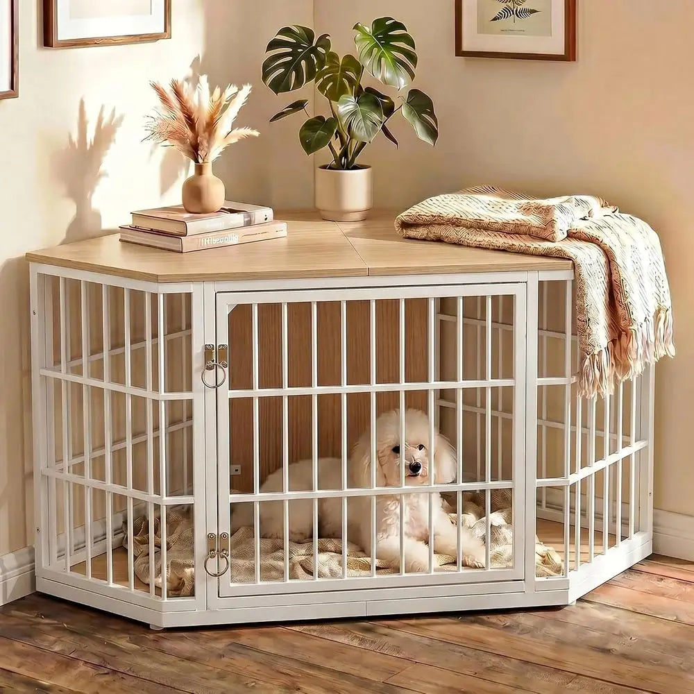 Practical Wooden Dog Crate Featuring Integrated End Table
