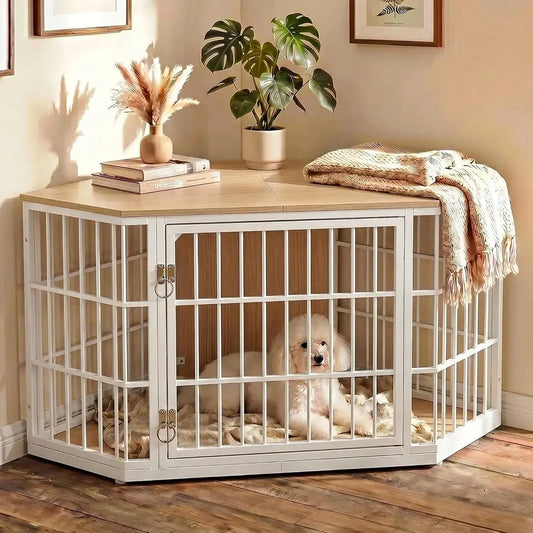 Practical Wooden Dog Crate Featuring Integrated End Table