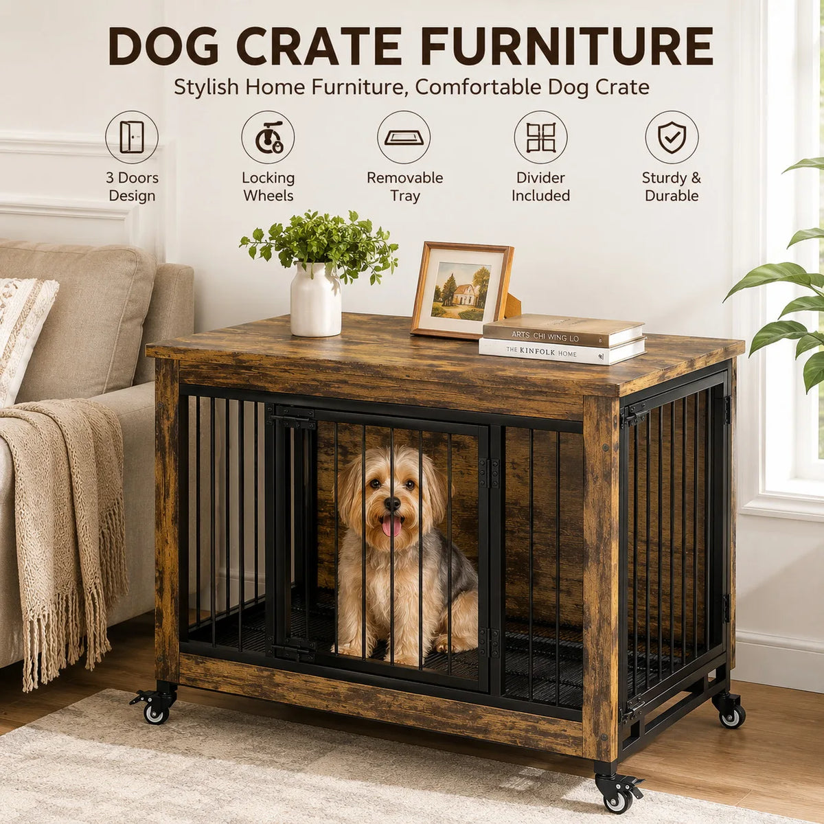 ANIXOL Wooden Dog Crate Furniture With Side Table Storage