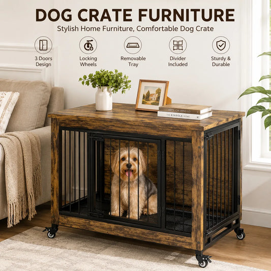 ANIXOL Wooden Dog Crate Furniture With Side Table Storage