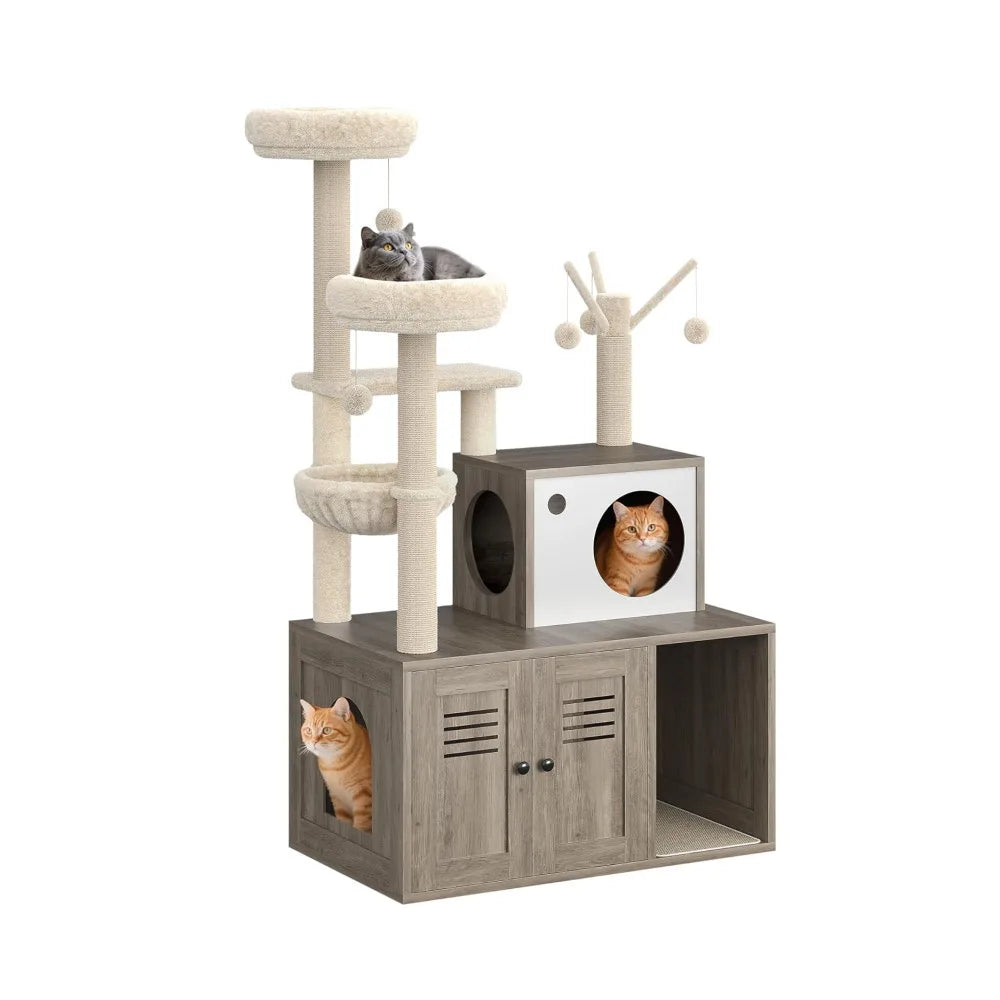 Modern Multi Level Cat Tree With Hidden Litter Box Enclosure