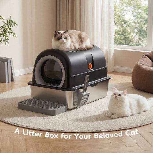 JHK Fully Enclosed Stainless Steel Cat Litter Box with Accessories