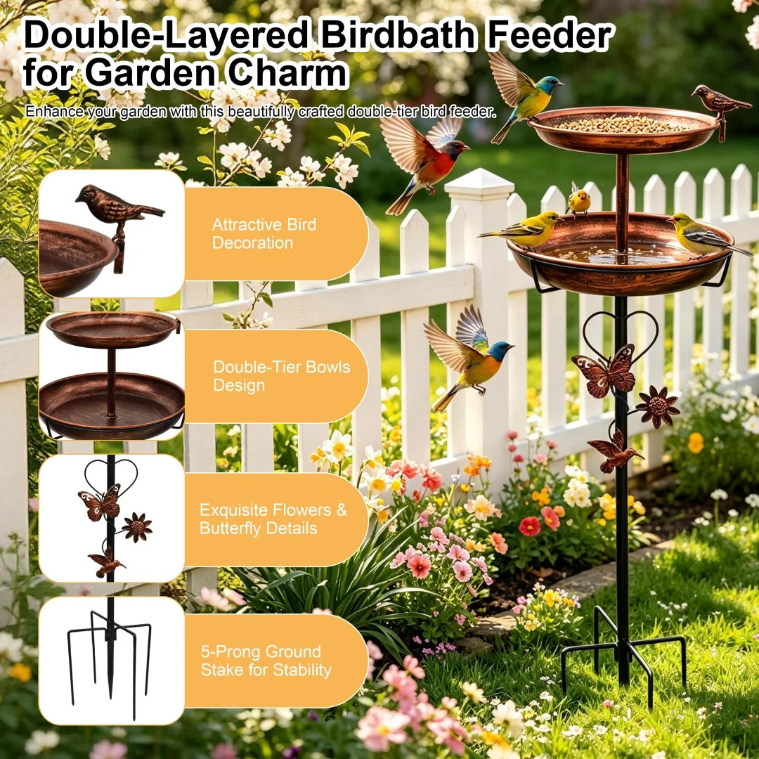 Dual Tier Outdoor Bird Feeder And Birdbath Stand For Gardens