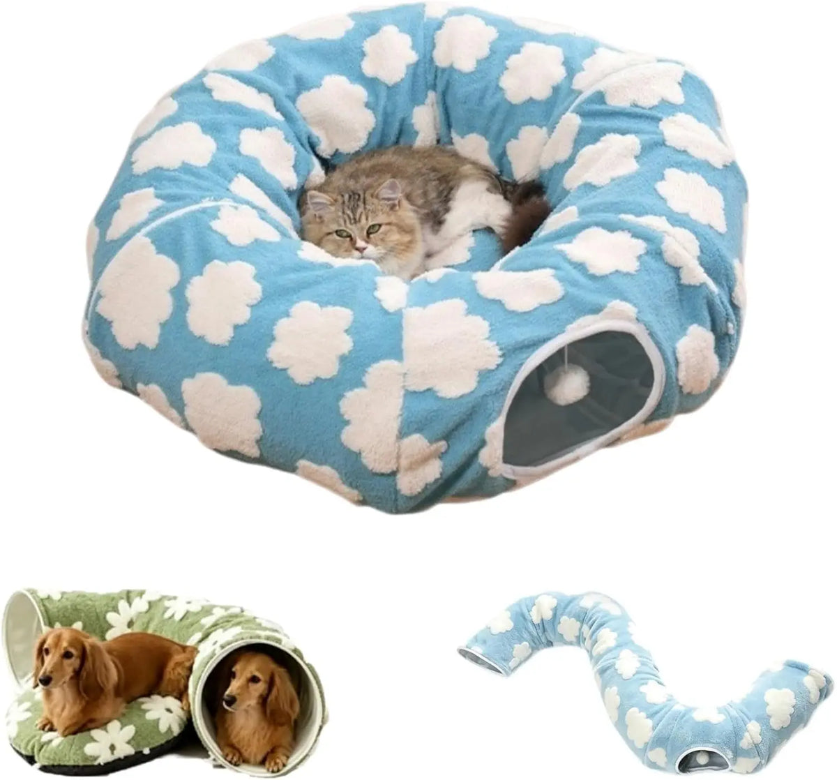 Floral Plush Folding Dachshund Tunnel Dog Bed With Comfortable Cushion