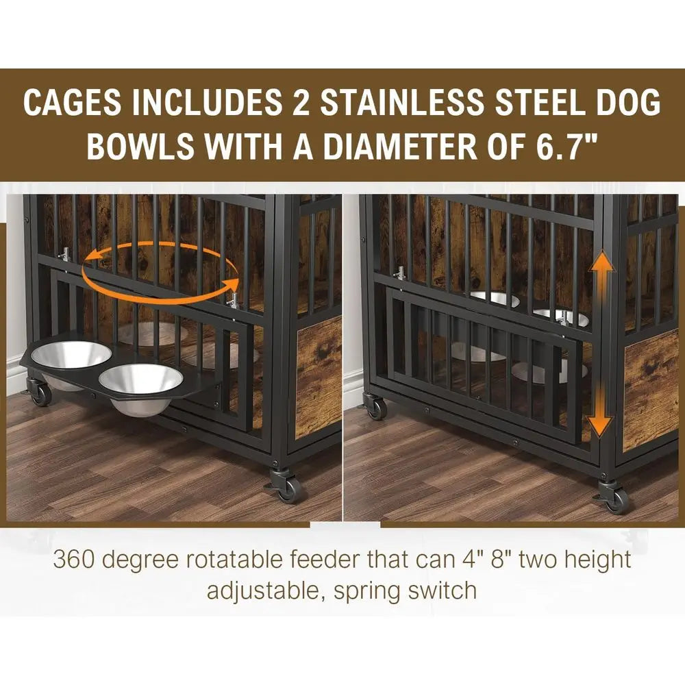 Heavy Duty Dog Crate With Integrated Wooden Table And Bowls