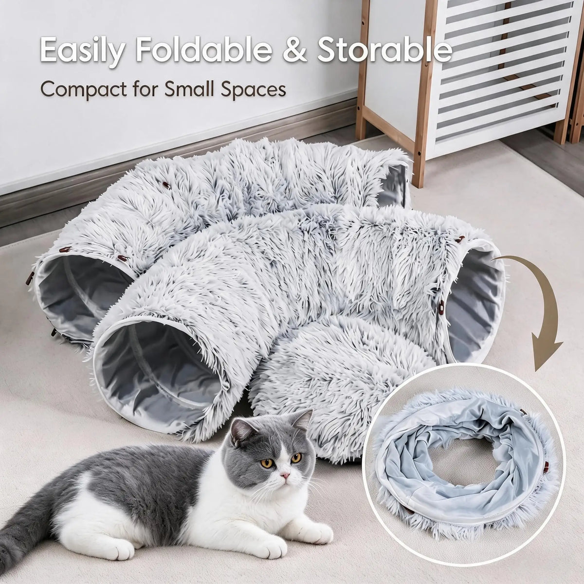 Premium Collapsible Cat Tunnel Bed With Donut Plush Cave