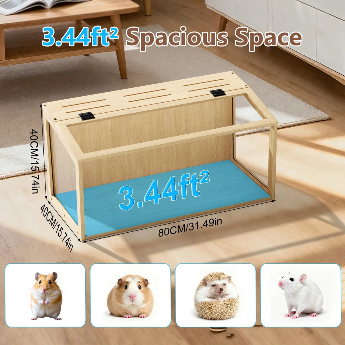 Wooden Small Pet Habitat Cage With Tempered Glass And Led Lighting