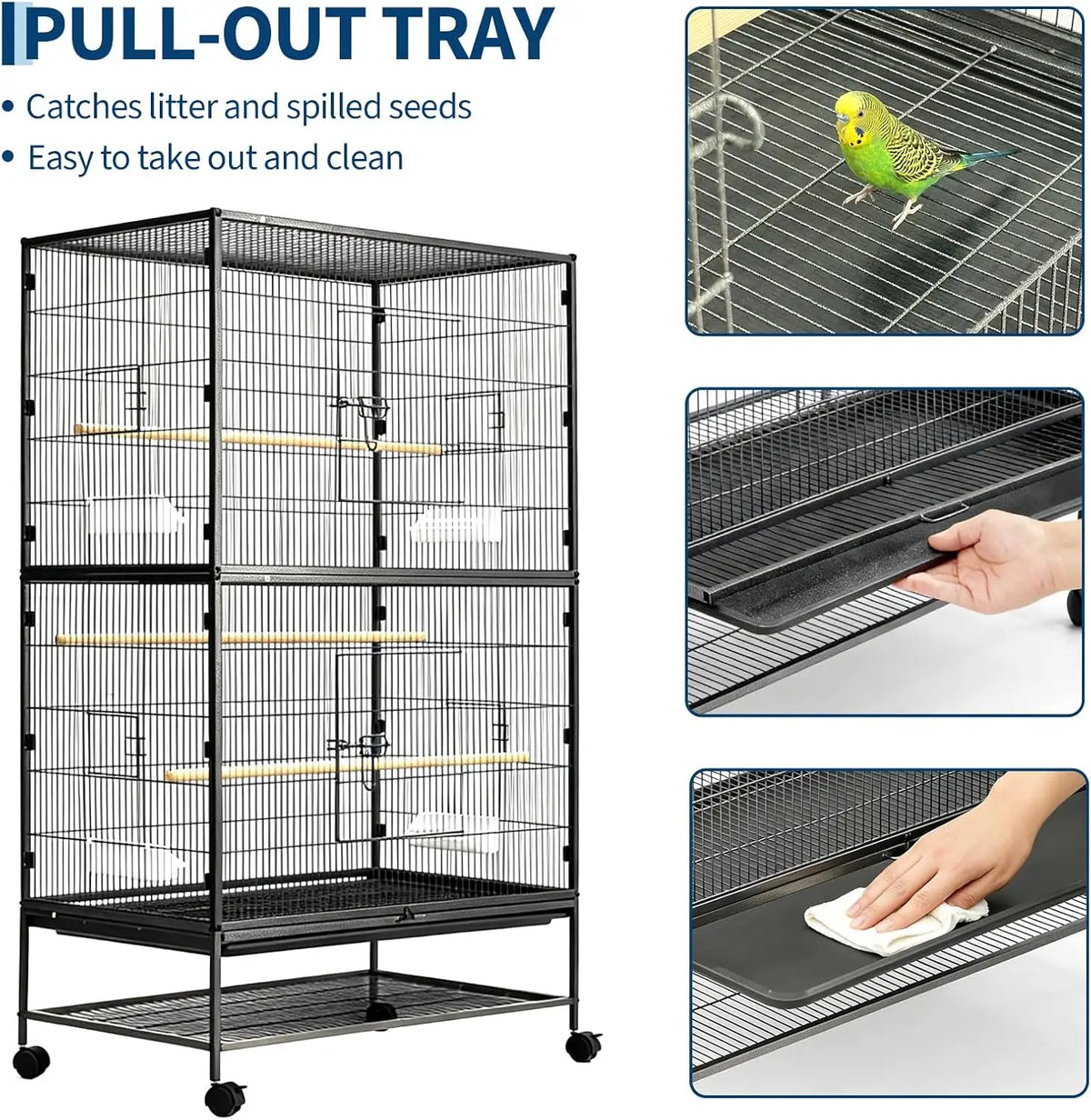 HiMISS Large Bird Cage With Rolling Stands And Feed Bowls