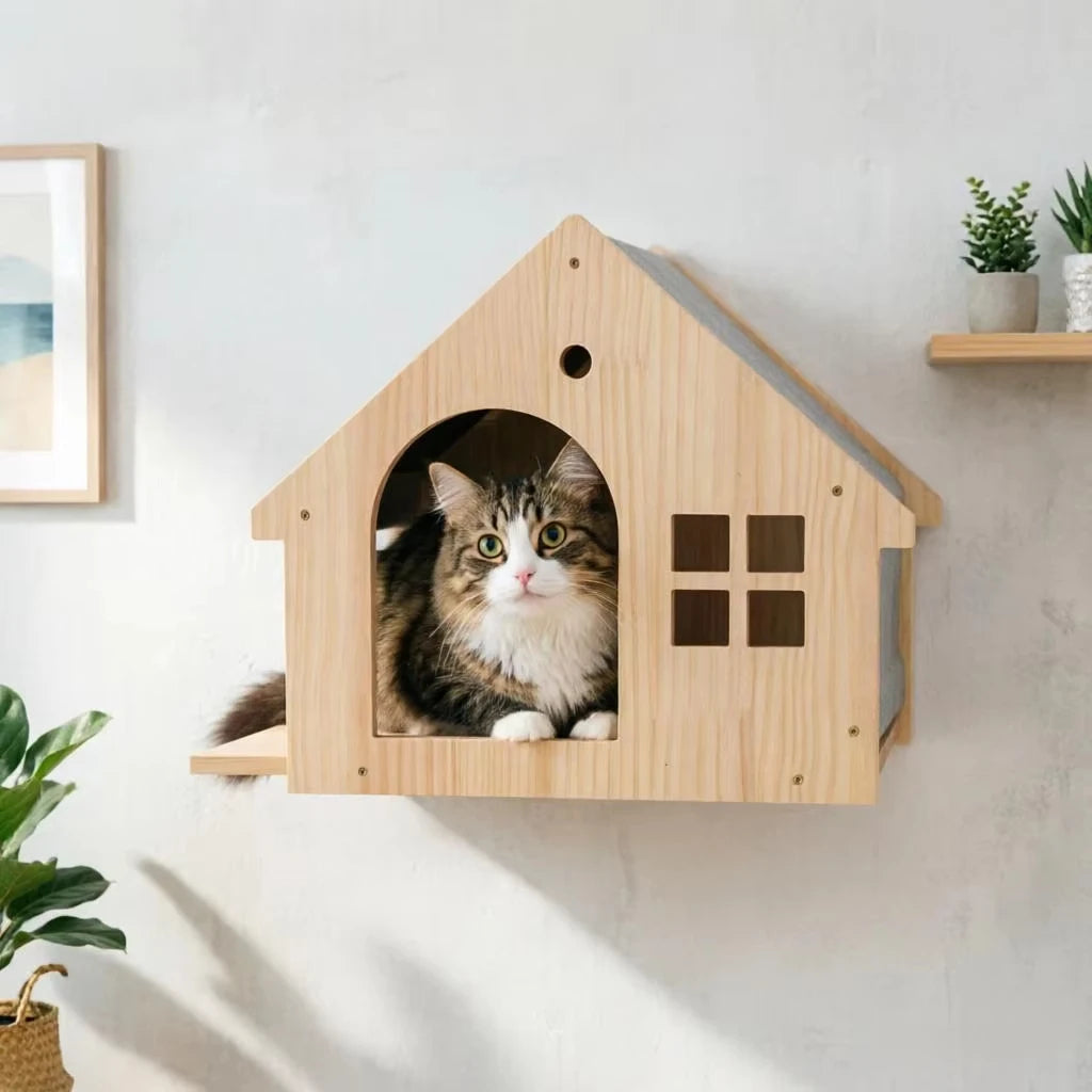 CWV Wall Mounted Wooden Cat Climbing Floating Shelf Villa