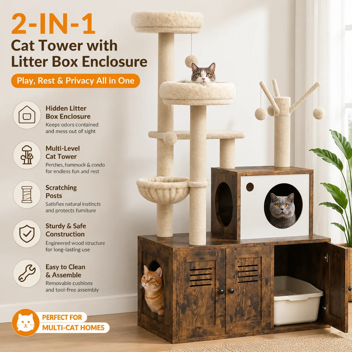 Modern Multi Level Cat Tree With Hidden Litter Box Enclosure