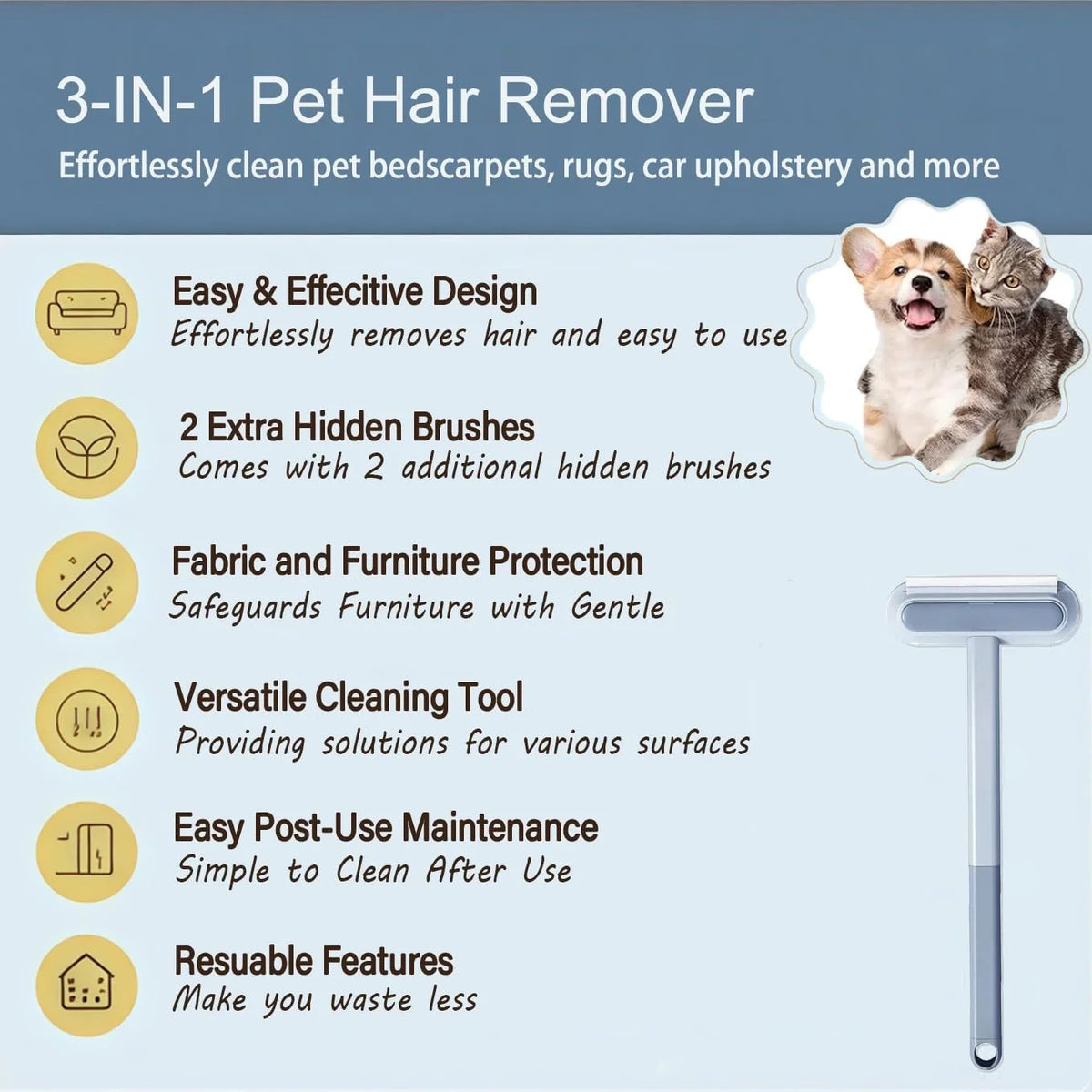 4In1 Pet Hair Remover for Furniture Car Carpet Lint Tool