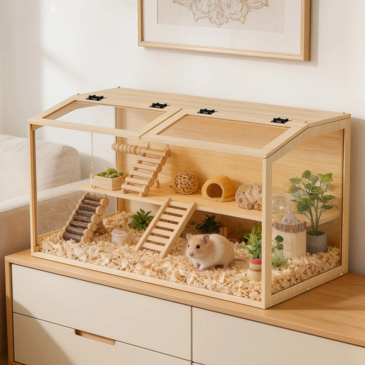 Wooden Small Pet Habitat Cage With Tempered Glass And Led Lighting