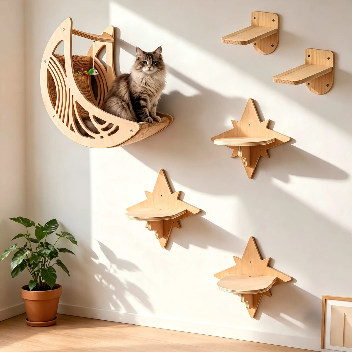 CWV Wall Mounted Cat Shelves With Moon Star Wooden Platforms