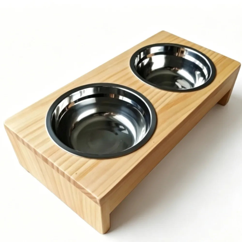 Wooden Elevated Dog Feeder Stand With Dual Stainless Steel Bowls