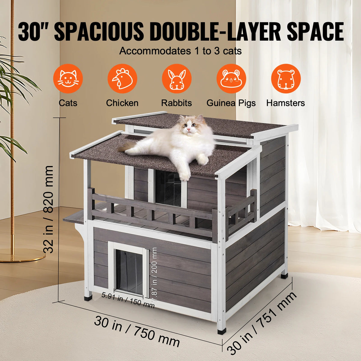 Weatherproof Cedar Outdoor Cat House With Balcony And Double Floor