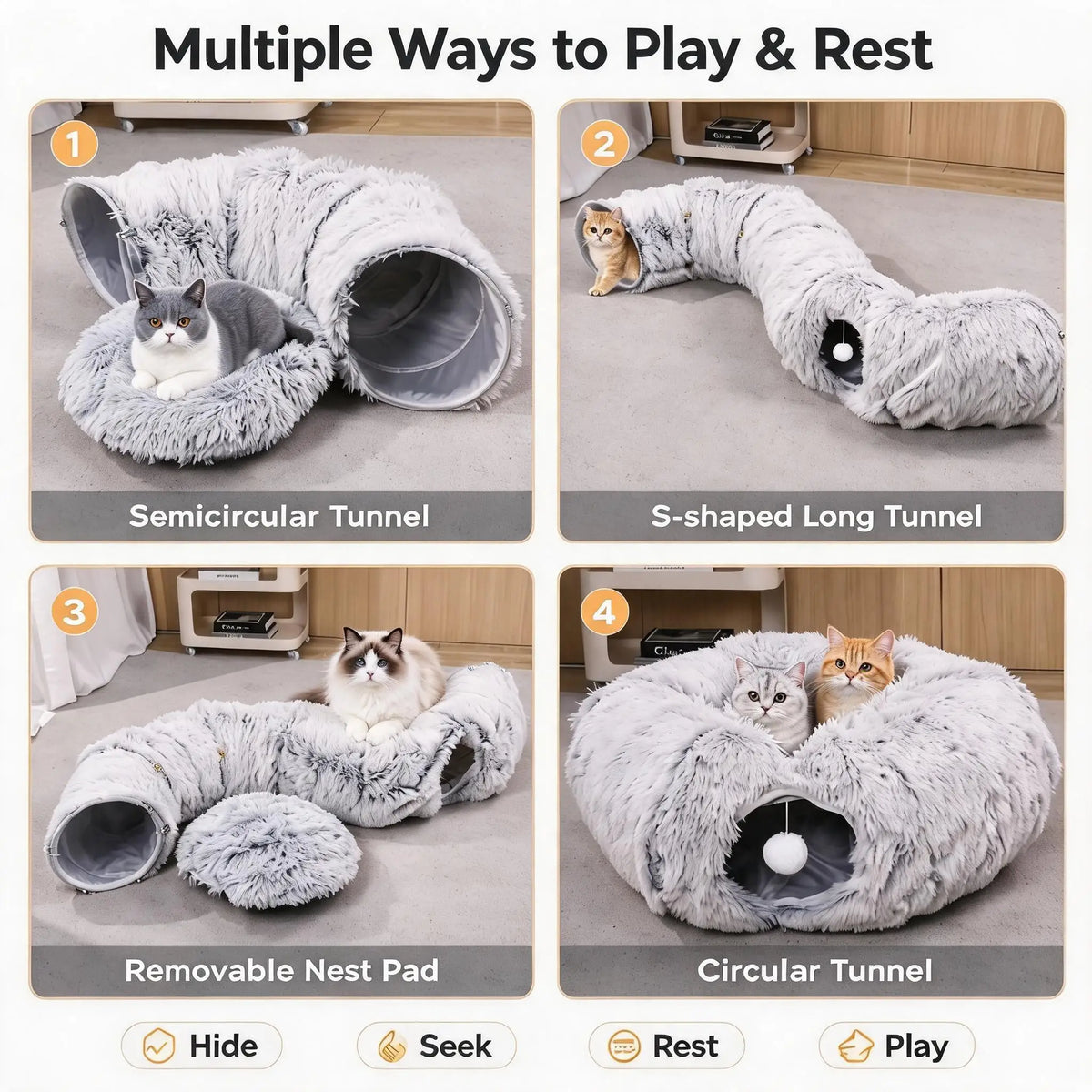 Premium Collapsible Cat Tunnel Bed With Donut Plush Cave