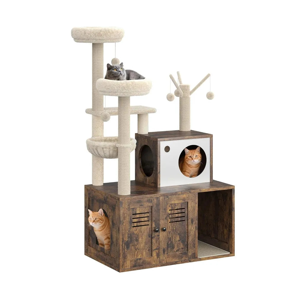 Modern Multi Level Cat Tree With Hidden Litter Box Enclosure