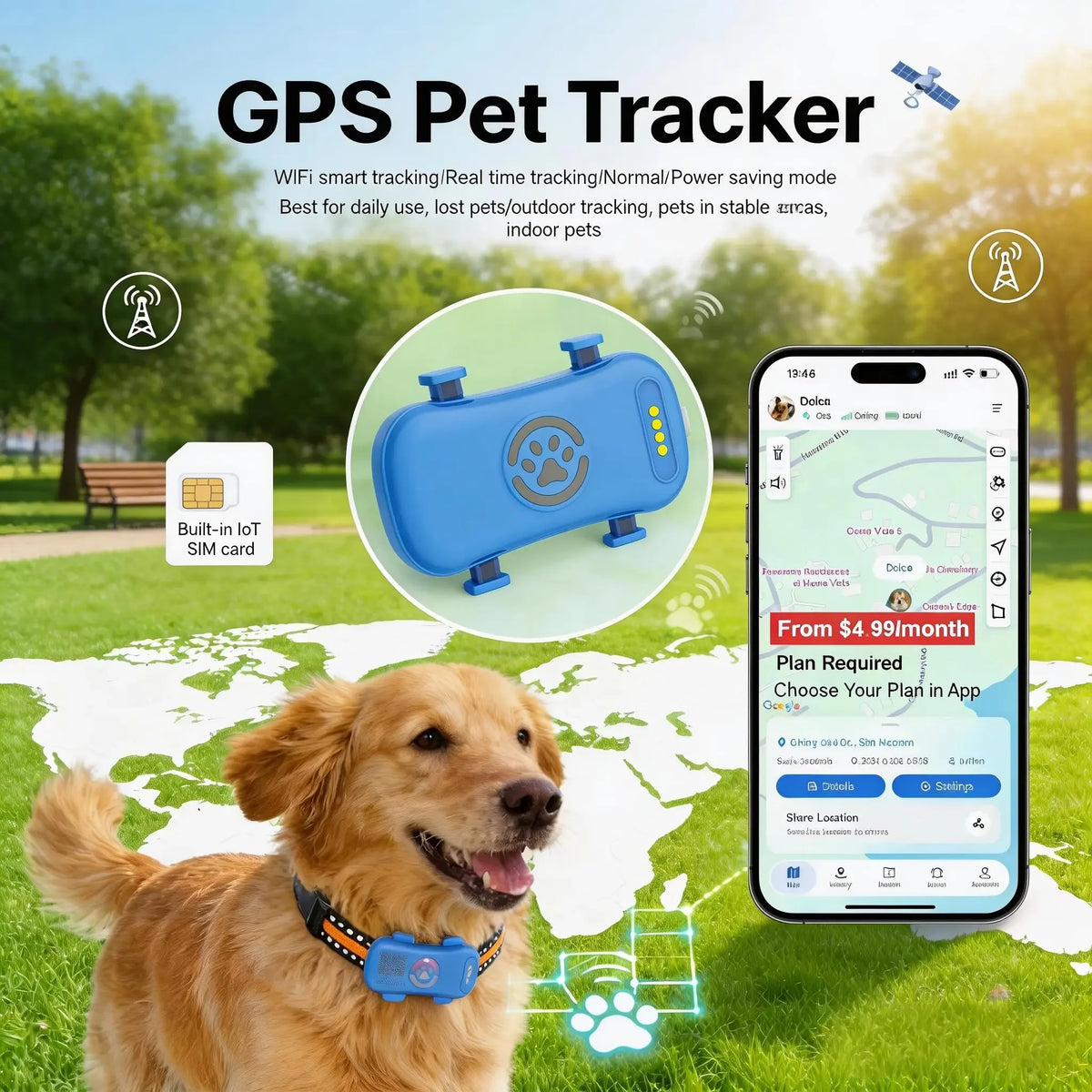 Wanwaytech 4G Pet Tracker Real Time GPS IP67 Waterproof Locator