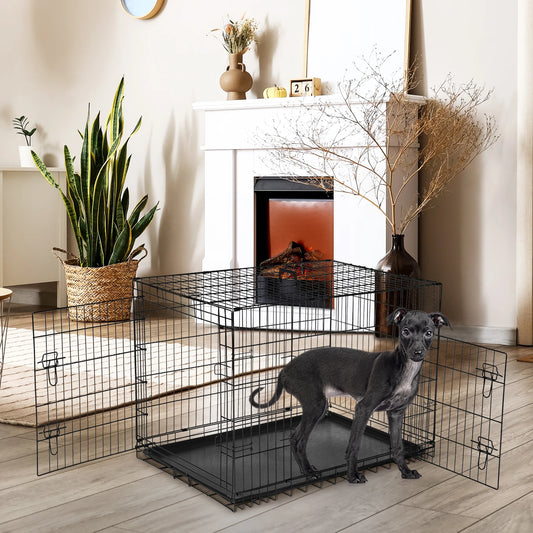 JHK Double Door Folding Metal Dog Kennel With Leakproof Tray