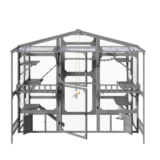Wooden Outdoor Cat Enclosure With Six Platforms And Bridge