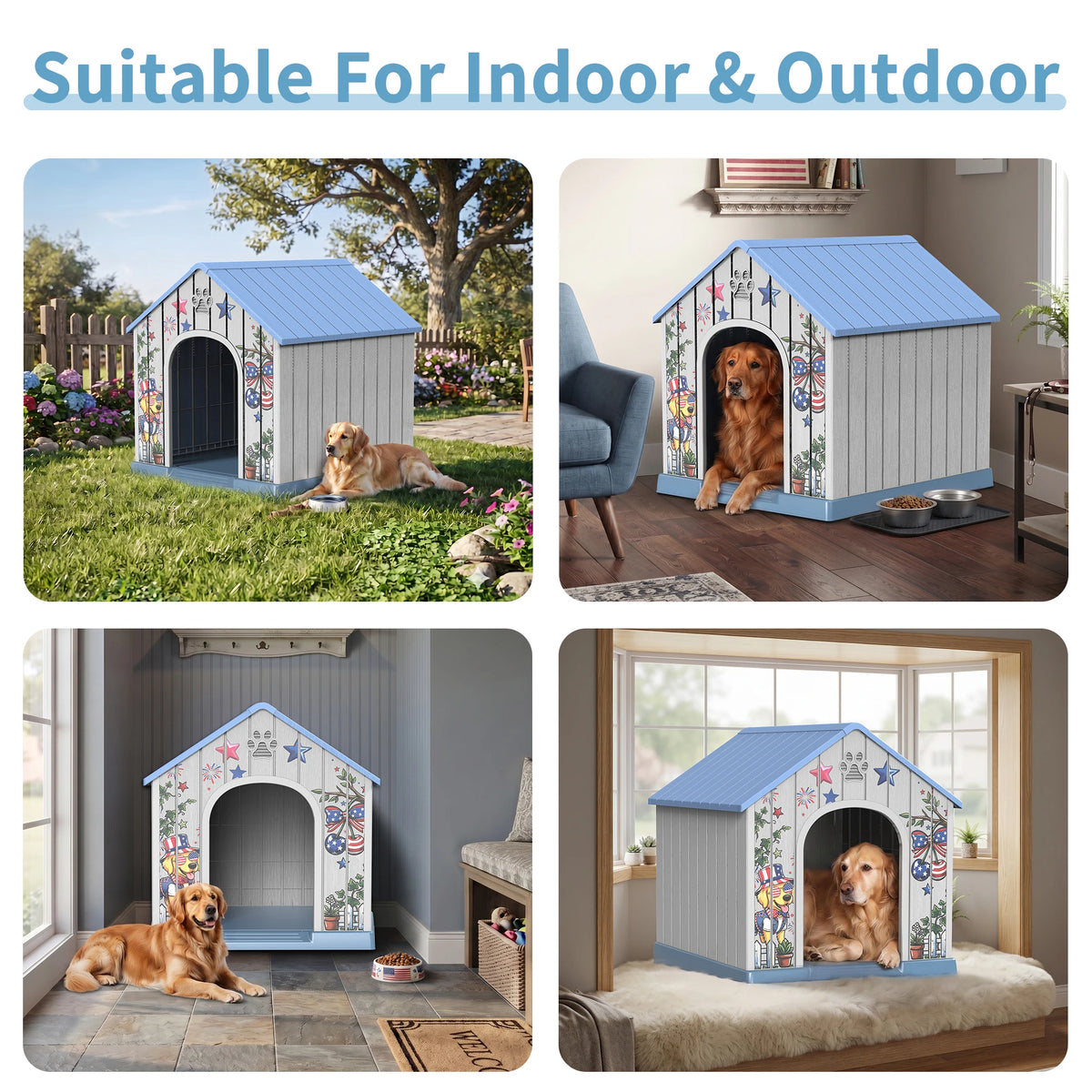 Weatherproof Outdoor Plastic Dog House With Printed Door Design