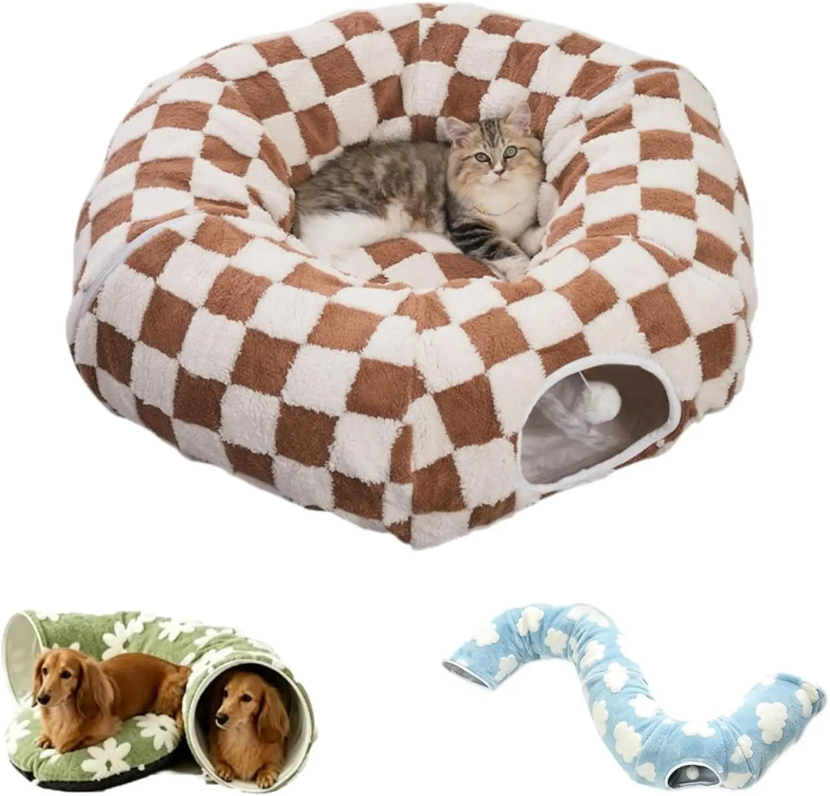 Floral Plush Folding Dachshund Tunnel Dog Bed With Comfortable Cushion