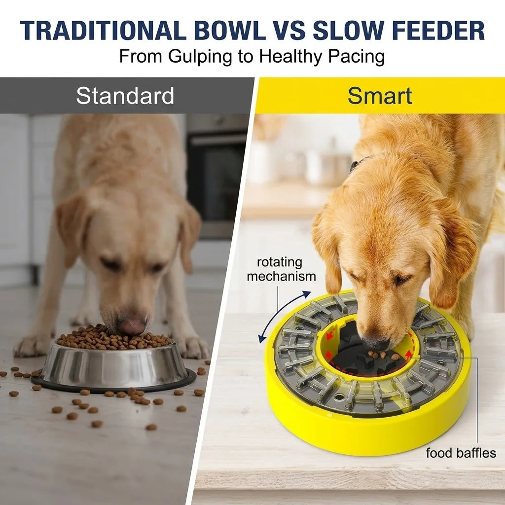 Rotating Interactive Dog Bowl with Adjustable Slow Treat Dispenser
