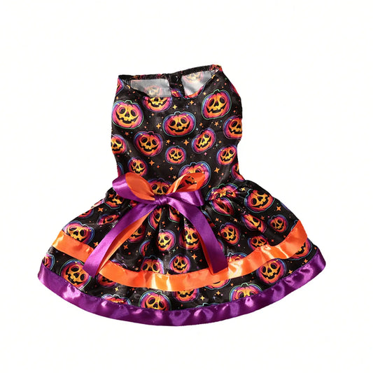Soft Pumpkin Skull Print Pet Dog Halloween Costume With Bowknot