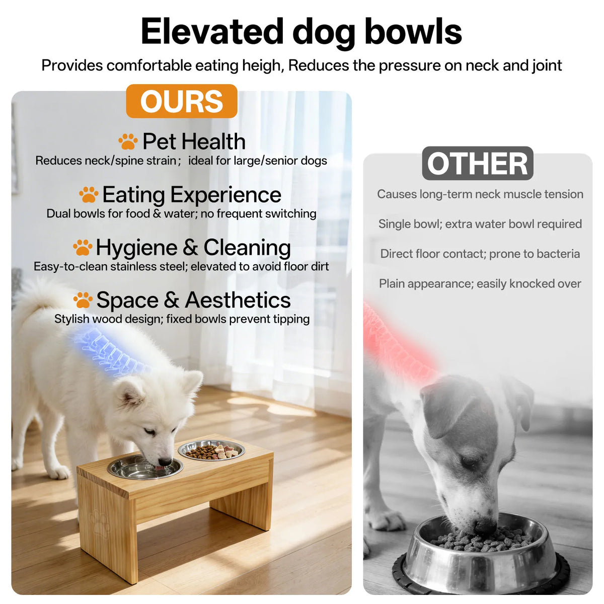 Wooden Elevated Dog Feeder Stand With Dual Stainless Steel Bowls