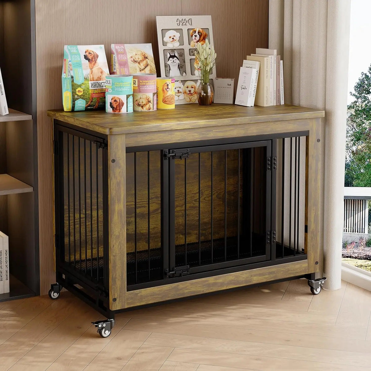 ANIXOL Wooden Dog Crate Furniture With Side Table Storage