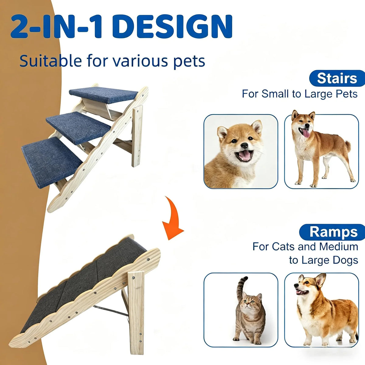 HiMISS Foldable Wooden Pet Stairs And Dog Safety Ramp