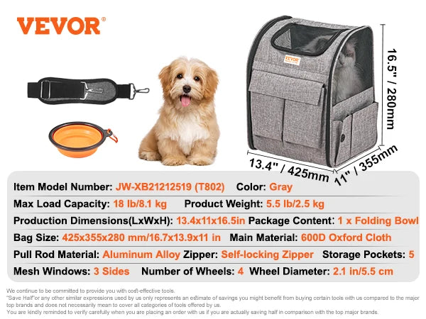Breathable Wheeled Pet Carrier Backpack With Telescopic Handle And Strap
