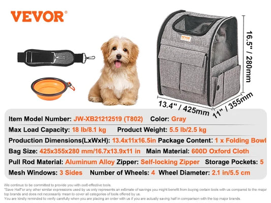Breathable Wheeled Pet Carrier Backpack With Telescopic Handle And Strap