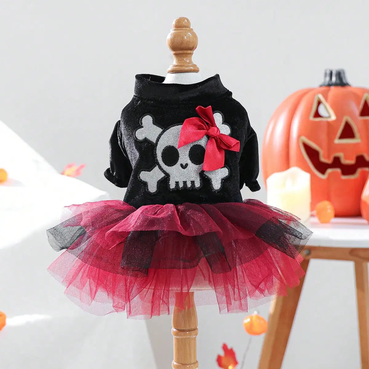 Dog Halloween Tulle Costume Featuring Skull Bow Pattern Design