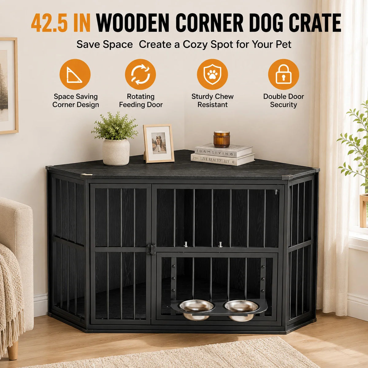 Wooden Corner Dog Crate Rotating Feeding Door And Secure Locks