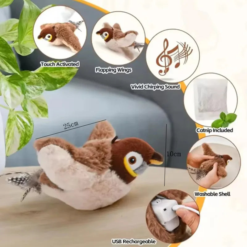 Touch Activated Plush Bird Cat Toy With Chirping Flapping Wings