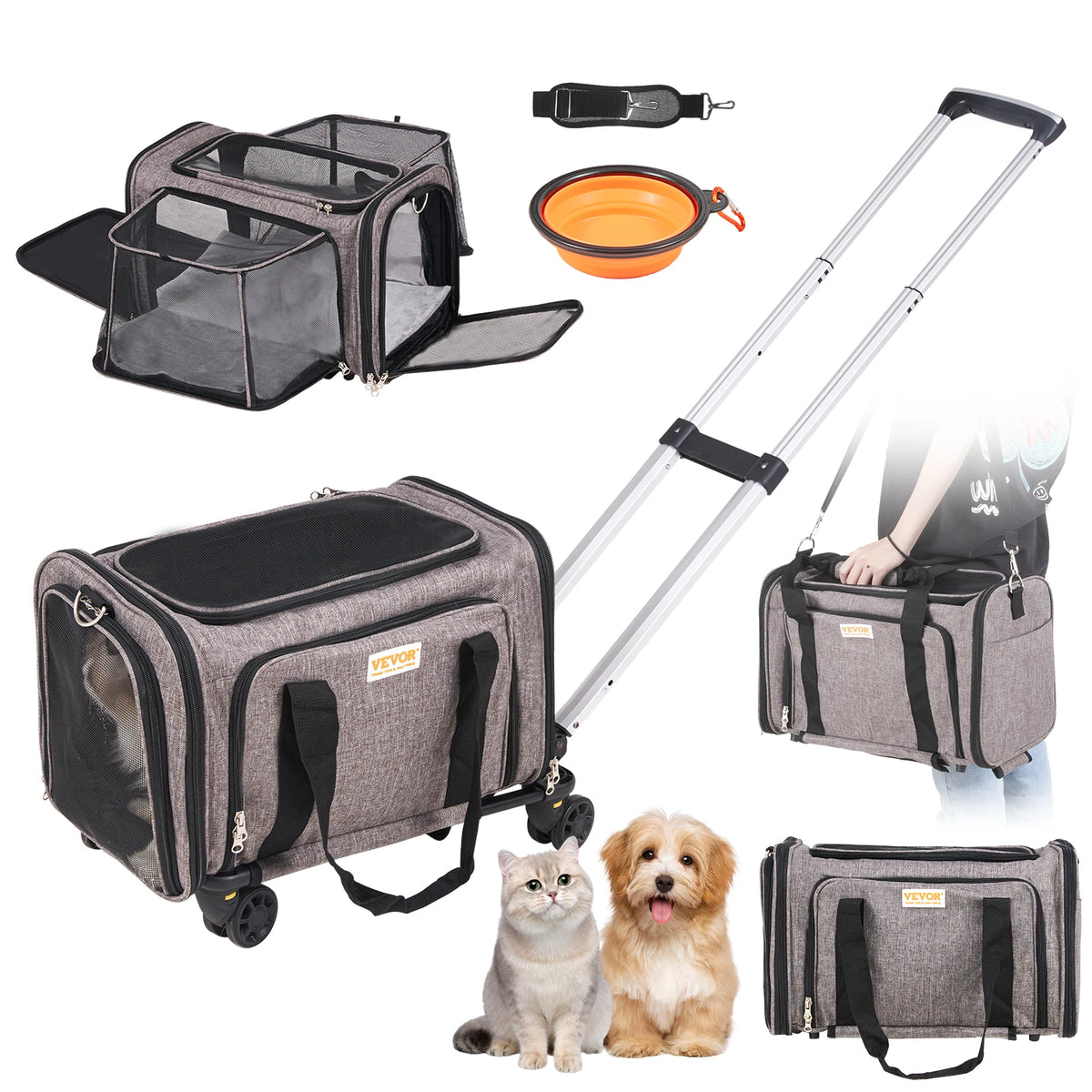 Breathable Wheeled Pet Carrier Backpack With Telescopic Handle And Strap