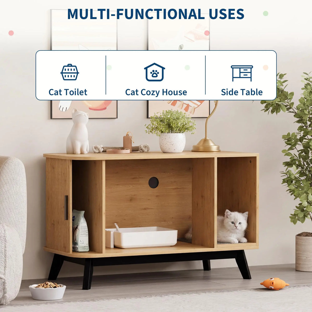 Hidden Litter Box Enclosure Furniture with Sliding Door