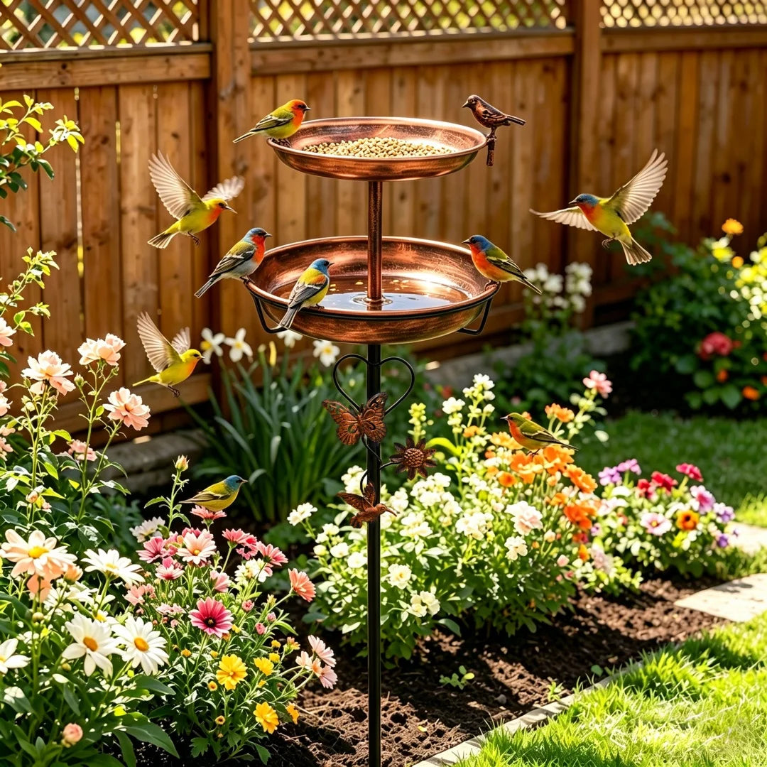 Dual Tier Outdoor Bird Feeder And Birdbath Stand For Gardens