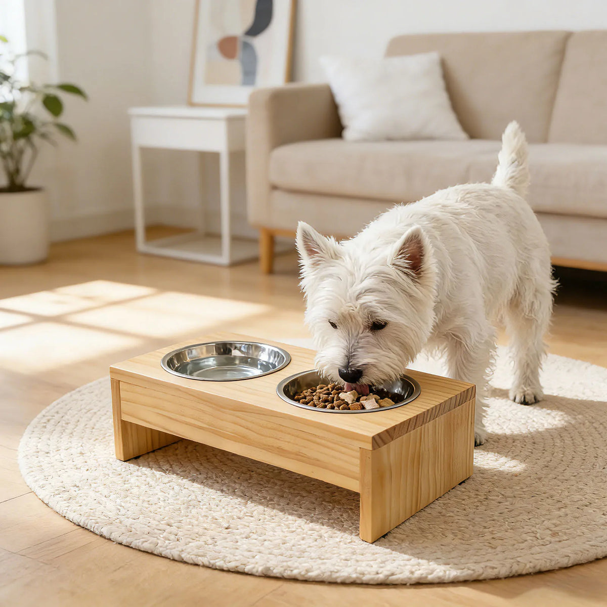 Wooden Elevated Dog Feeder Stand With Dual Stainless Steel Bowls