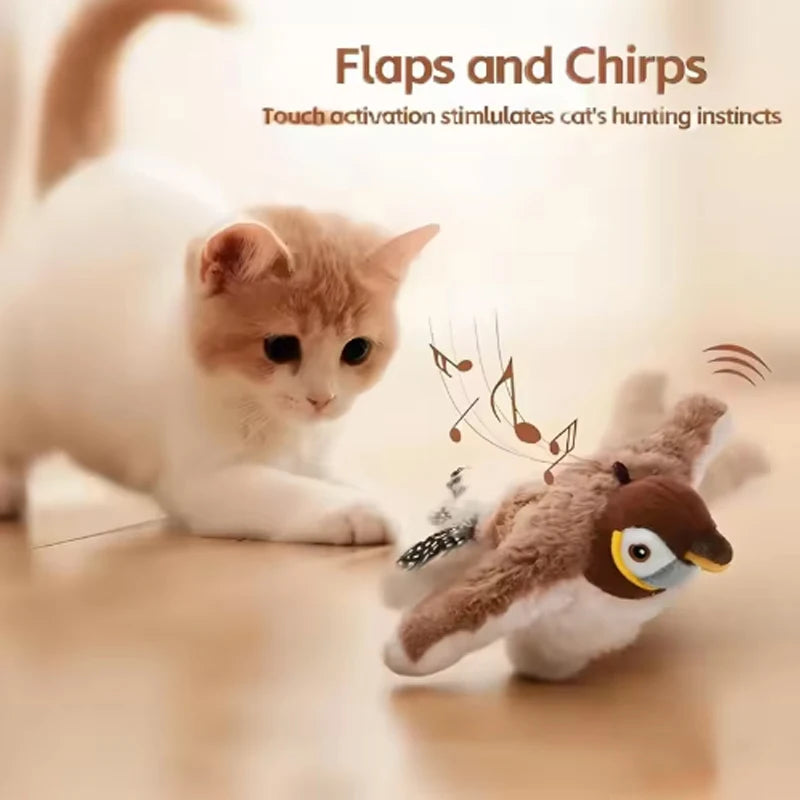 Touch Activated Plush Bird Cat Toy With Chirping Flapping Wings