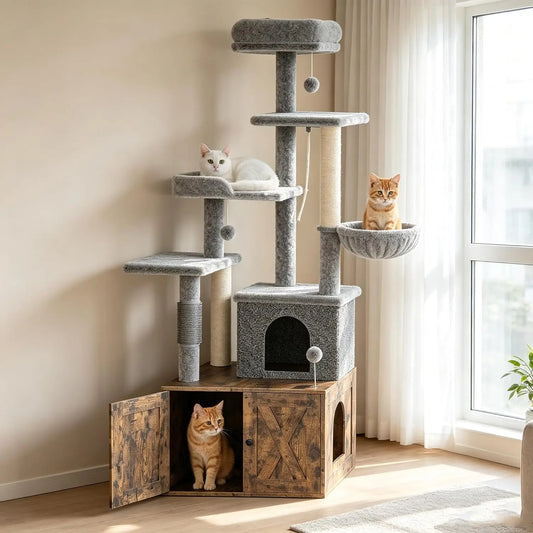 Tackleekii Multi Level Cat Tree With Litter Box Enclosure